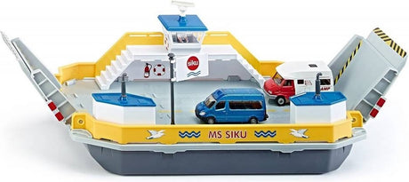 Siku 1750, Autofähre, 1:50, Metall-Kunststoff, inkl. 2 Spielzeugautos, gelbgrau, schwimmfähig, bewegliche Rampen