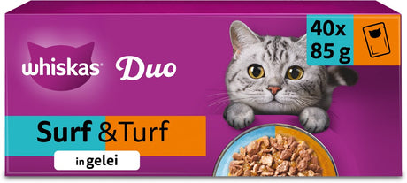Whiskas Katzenfutter – Erwachsene ab 1 Jahr – Duo-Surf-Rasen-Auswahl in Gelee – 40 x 85 g