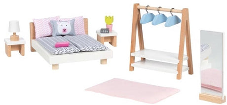 Goki Puppenhausmöbel: Designer-Schlafzimmer, 18-teilig, Bett 12,7 cm, Buchenholz und Stoff, 3+