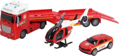 Rapid Wheels Autotransporter Feuerwehr + Auto und Helikopter + Licht und Ton