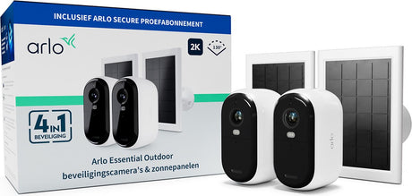 Drahtlose Arlo Essential 2K-Überwachungskamera für den Außenbereich und Solarmodule – 2 Kameras, 2 Solarmodule