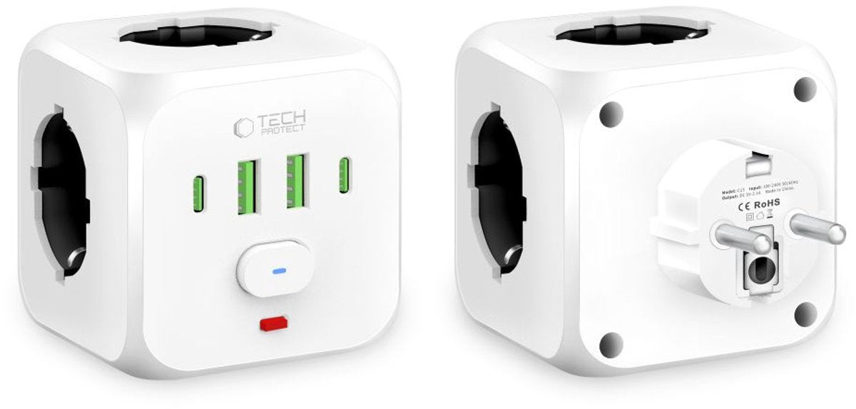 Tech-protect pcl3x4 serie - stopcontactbeveiliger - 3 schuko - 2 usb-a - 2 usb-c