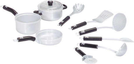 Klein toys wmf 9-delige keukenset - stevige pan, 2 steelpannen met 1 deksel en hoogwaardig speelgoedkeukengerei - grijs zwart