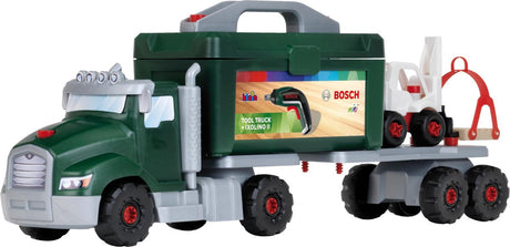 Klein Toys Bosch Ixolino II Werkzeugwagen-Set – 86 Teile – inkl. Akkuschrauber, Werkzeugkasten, Anhänger, Kran und Gabelstapler - grün