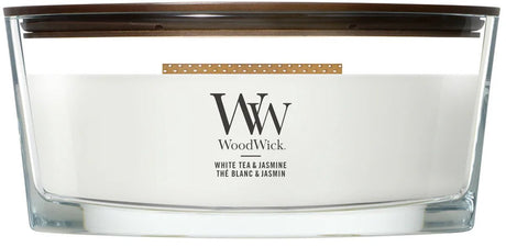 Woodwick Heartwick Flame Ellipse Duftkerze – Weißer Tee Jasmin – 50 Brennstunden