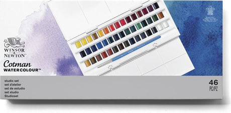 Winsor Newton 0390471 Cotman Studio Aquarellfarben-Set – 45 halbe Näpfchen – komplette 40-Farben-Palette mit Pinselmischpaletten