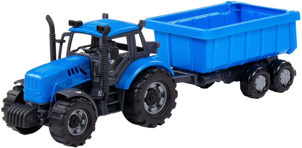 Cavallino -Traktor mit Tipplastwagenanhänger blau, Skala 1:32