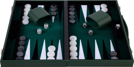 Longfield backgammon 15 inch - groen, zwart wit ingelegd bord - luxe groene koffer met handvat - engelhart