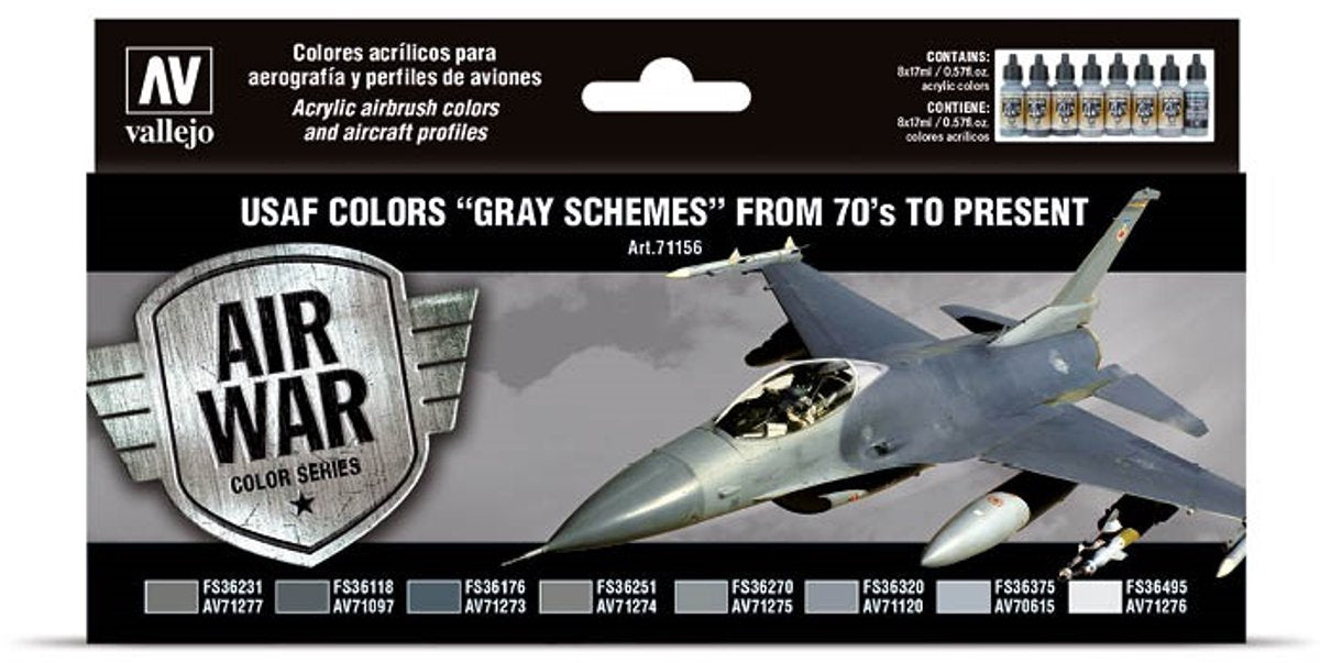 Vallejo Hobby Paint Acrylfarbe – 71156 USAF Colors „Grey Schemes“ – Acrylset Farbset – 8x 17 ml