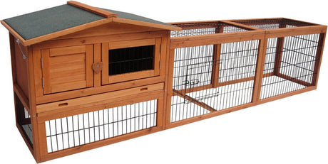 Flamingo-Kaninchenstall mit Auslauf – großer Outdoor-Kaninchenstall mit Nachtkäfig und geräumigem Auslauf – 230 x 53 x 70 cm – Kaninchenstall Jumbo klassisch braun