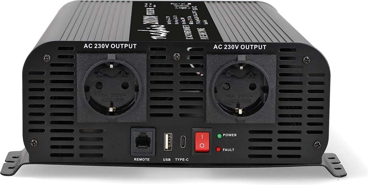 Nedis Auto-Wechselrichter 2000 W – 24 V 230 V – 2x Steckdose + USB-A USB-C – reine Sinuswelle – Schraubanschluss – Spannungswandler