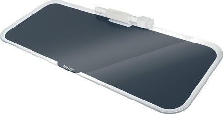 Leitz gemütliches Glasboard für den Schreibtisch – Glas-Memoboard mit Stifthalter – inklusive Mini-Marker mit Radiergummi – Samtgrau