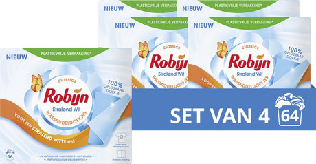 Robijn - stralend wit wasmiddeldoekjes - 4 x 16 wasstrips - voordeelverpakking