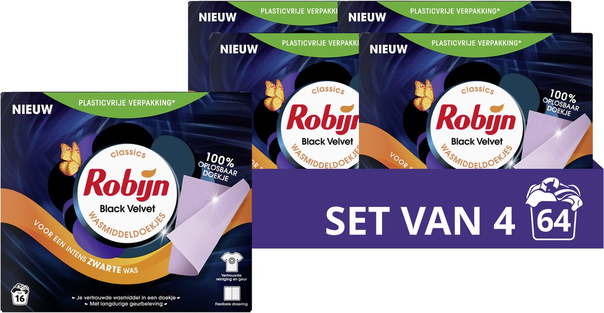 Robijn - wasmiddeldoekjes - black velvet - 64 wasstrips - voordeelverpakking