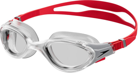 Speedo Biofuse 2.0 Schwimmbrille – ergonomische Taucherbrille Erwachsene – Antibeschlag-UV-Schutz – professionelle Schwimmbrille mit Druckknopfverschluss – superweiche Dichtung – klares Rot