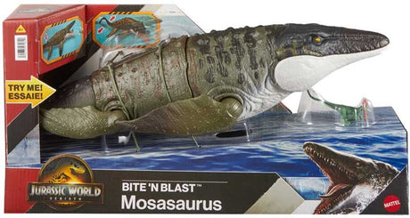 Mattel Jurassic World Rebirth Beißender und explosiver Mosasaurus, Actionfigur und Mini-Dilophosaurus, Dinosaurierspielzeug mit weit öffnenden Kiefern, beweglich, sieht aus wie im Film