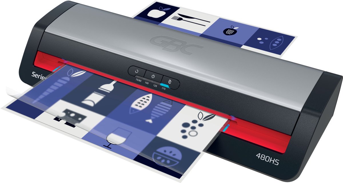GBC 480HS Office A3-Laminiergerät – geeignet für 75–125 Mikrometer – inklusive Starterpaket Laminierfolien – Silber, Schwarz, Rot