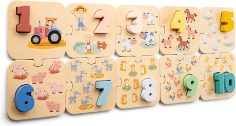 Woet ® houten cijferpuzzel boerderij - leren tellen - getallen 1 t m 10 - puzzel met cijfers en dieren - educatief speelgoed - vanaf 2 jaar