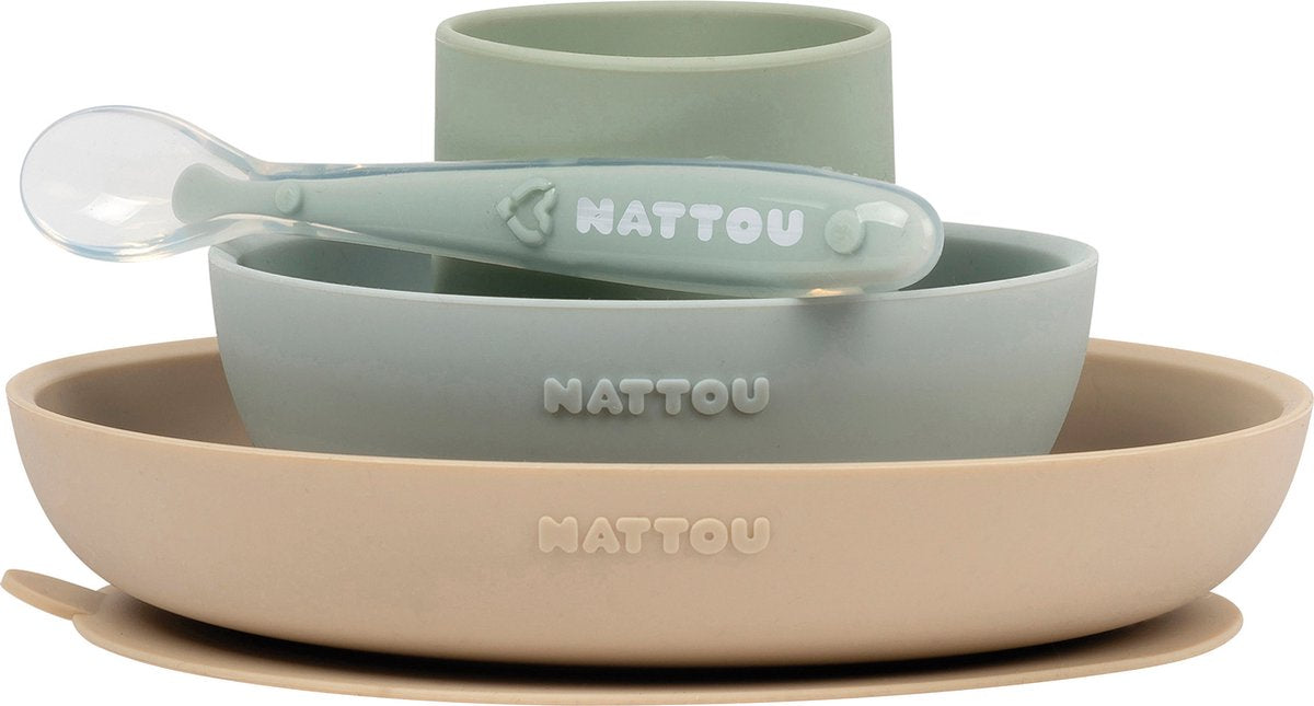 Nattou siliconen 4-delig servies voor kinderen - bord + kom + beker + lepel - antislip - bpa-vrij - groen zand