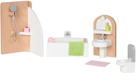 Goki Puppenhausmöbel: Designer-Badezimmer, 10-teilig, 11,2x6,2x6cm (Badewanne), Buchenholz und Stoff, 3+
