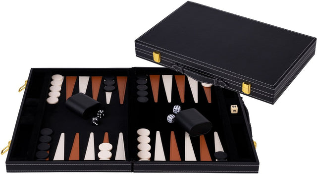 Engelhart Backgammon 18 Zoll – braunes, elfenbeinfarbenes, genähtes Brett – schwarzer Koffer mit Griff – Luxus-Reise-Edition –