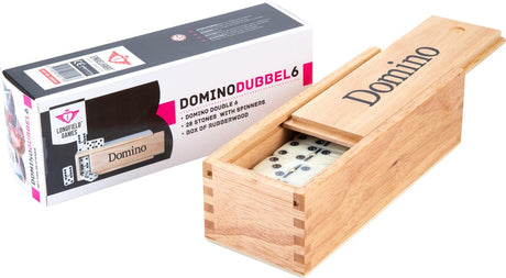 Engelhart Domino Double 6 groß – 28 Dominosteine ​​mit schwarzen Augendrehern – inklusive Holzkiste mit Schiebedeckel –