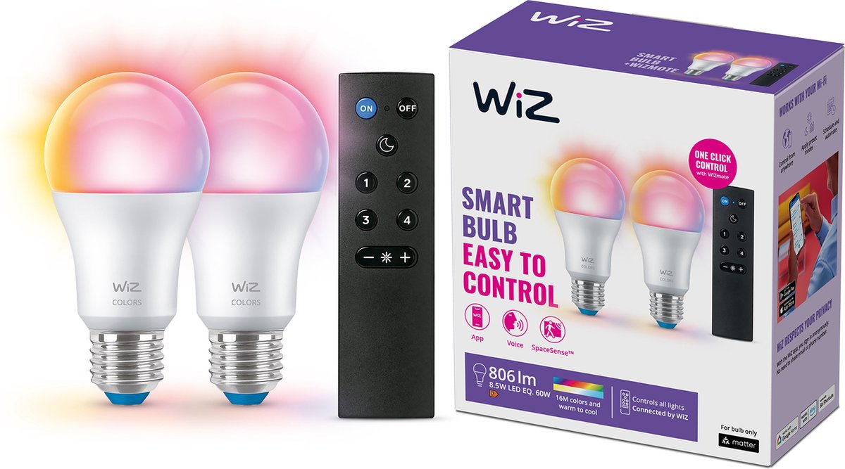Wiz lamp 2-pack + afstandsbediening - gekleurd en wit licht - slimme led verlichting - e27 fitting - 60w - mat - wi-fi
