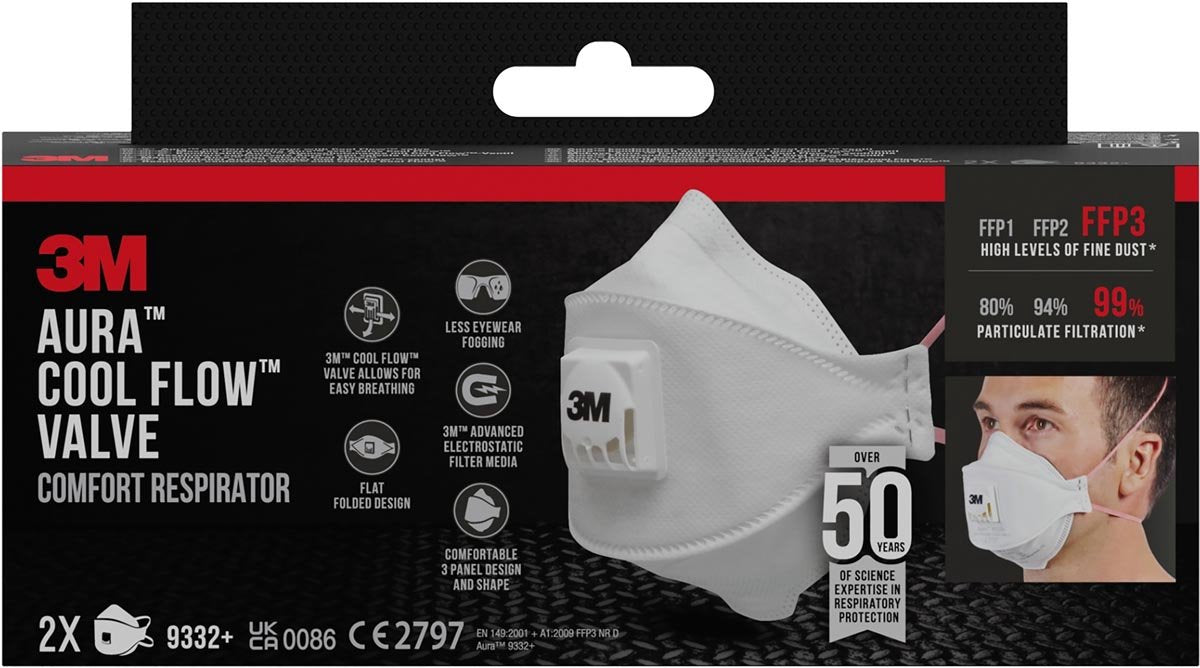 3M Aura Comfort Cool Flow Staubmaske, FFP3, mit Ventil, 2er-Pack