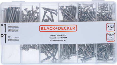 Schraubensortiment von Black+Decker – 332-teilig – PH1 – PH2 – Holzschrauben-Set