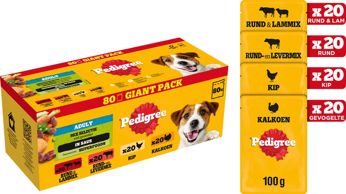 Pedigree Adult – Nassfutter für Hunde – Hundefutter – Rind, Truthahn, Huhn – 80 x 100 g