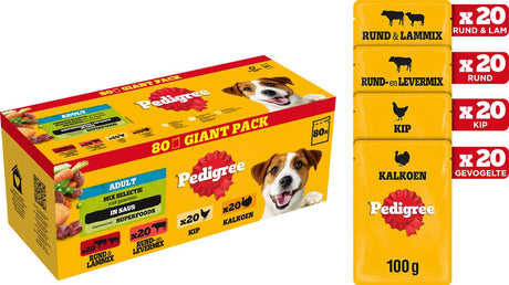 Pedigree Adult – Nassfutter für Hunde – Hundefutter – Rind, Truthahn, Huhn – 80 x 100 g