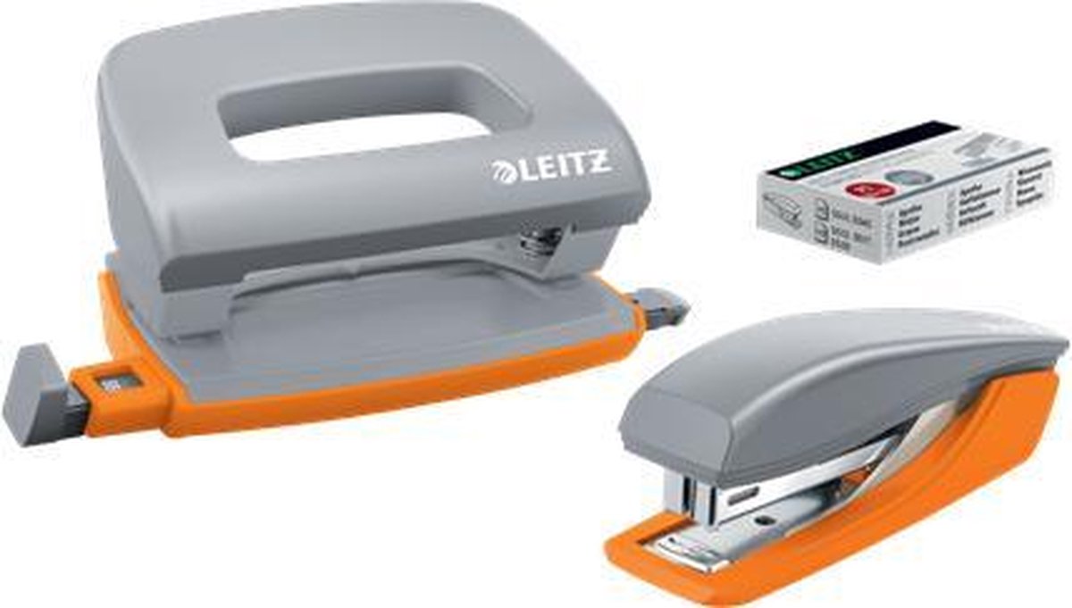 Leitz Mini-Hefter + Locher – Heften bis zu 10 Blatt – für Ordner und Ringbücher – inklusive Heftklammern – ideal für Schule oder Studium – Grau-Orange