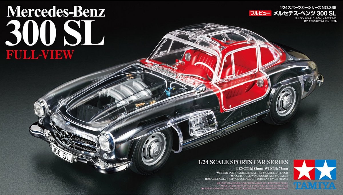 Tamiya Modellbausatzauto – 24366 Mercedes-Benz 300 SL – komplett transparent – limitierte Auflage aus Kunststoff – 1:24 – Modellbau