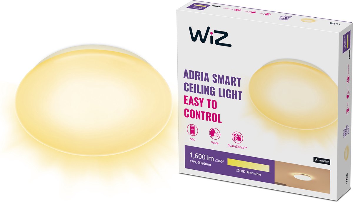 Wiz plafondlamp adria - warmwit licht - slimme led verlichting - geïntegreerde led - 17w - wit - wi-fi