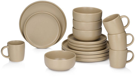 Alpina Geschirrset 16-teilig – Tellerset für 4 Personen – Steingutgeschirr – Frühstücksteller, Speiseteller, Schüsseln und Becher – Mikrowellen- und spülmaschinenfest – Sand