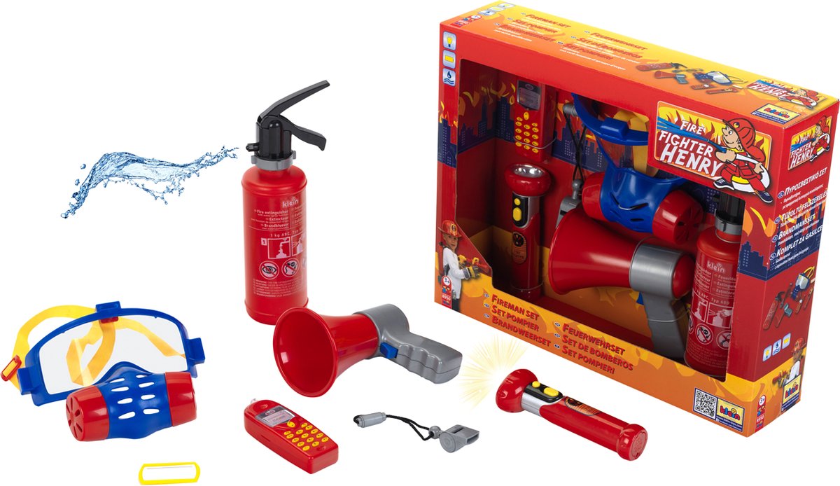 Klein toys 7-delige brandweer set - brandblusser, zaklamp, megafoon, gasmasker, mobiele speelgoedtelefoon, fluitje en naamplaatje - incl. licht- en geluidseffecten - rood blauw