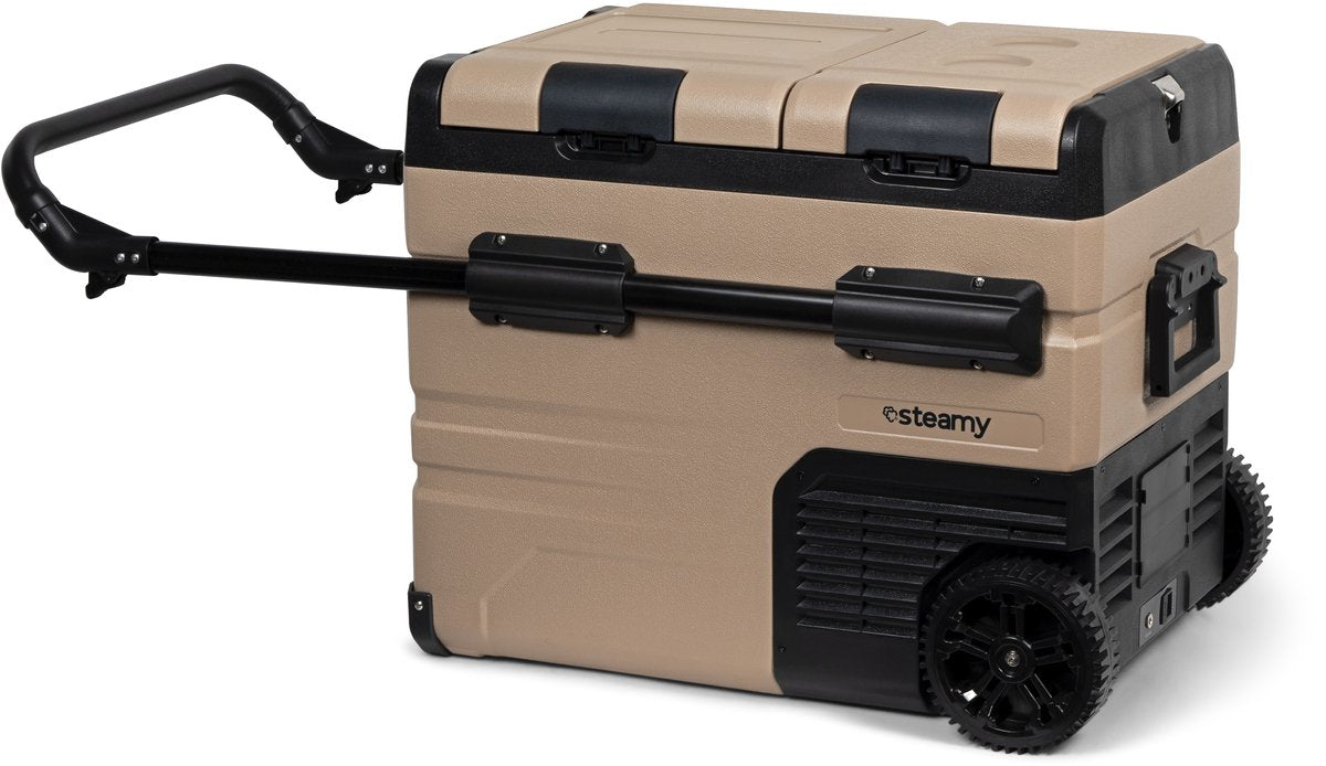 Steamy -e dual zone roller elektrische compressor koelbox op wielen - dual zone - 45 liter - 12v en 230v - voor auto en camping - frigobox - sandstone
