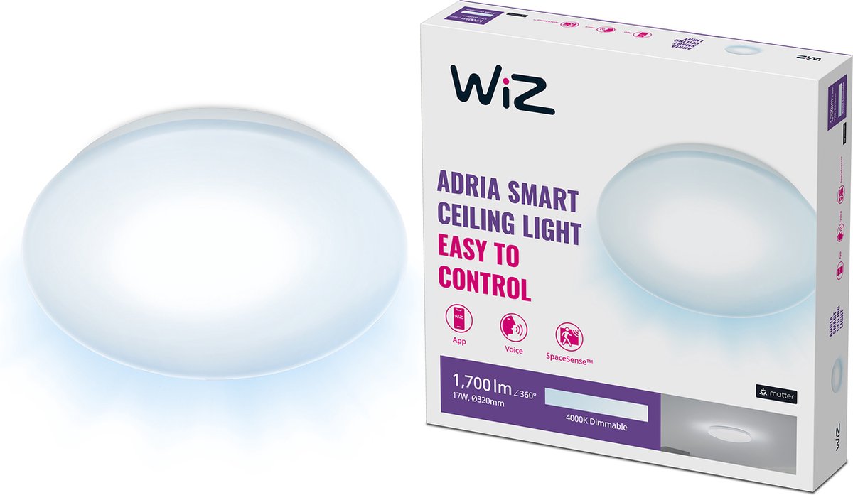 Wiz plafondlamp adria - koelwit licht - slimme led verlichting - geïntegreerde led - 17w - wit - wi-fi