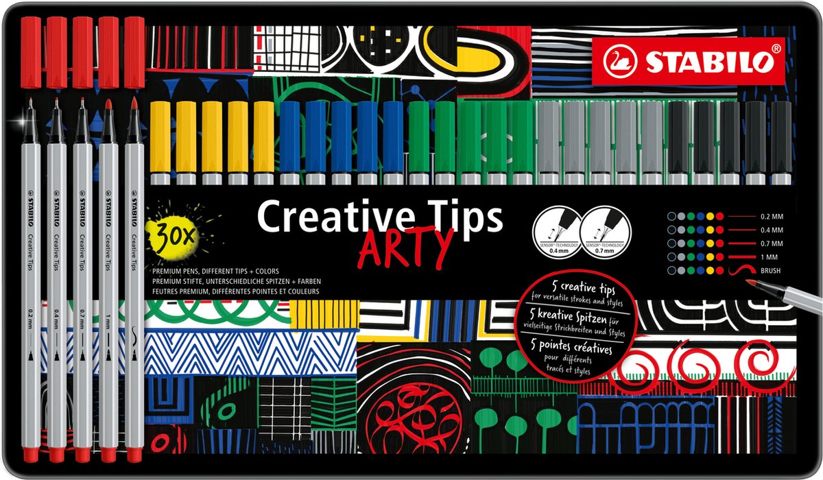 Stabilo creative tips arty pennen klassieke kleuren in metalen etui - 30dlg.