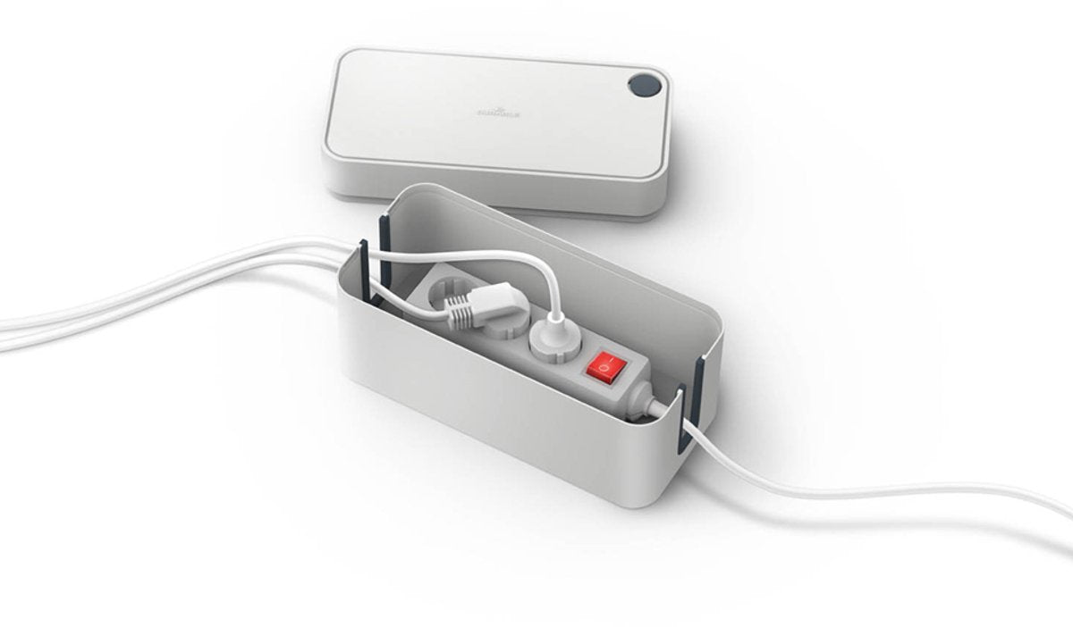 Robuste Kabelbox mit grauen Kabelmanagementsystemen von Cavoline
