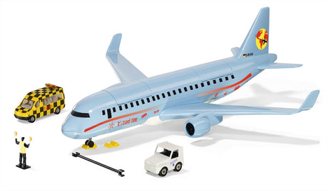 Siku 5402, Passagierflugzeug mit Zubehör, Kunststoff, inkl. Follow-Me-Fahrzeug (Metall-Kunststoff), hellblau, viele Funktionen