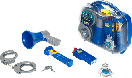 Klein Toys Polizeikoffer – Taschenlampe, Walkie-Talkie, Megaphon, Handschellen mit Schlüssel und Polizeimarke – inkl. Licht- und Soundeffekte - blau
