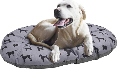Rosewood All Seasons ovale Hundematratze – XL 95 cm – waschbares Wende-Hundekissen – bequeme stabile Liege – graue Leinenoptik mit Hundeaufdruck