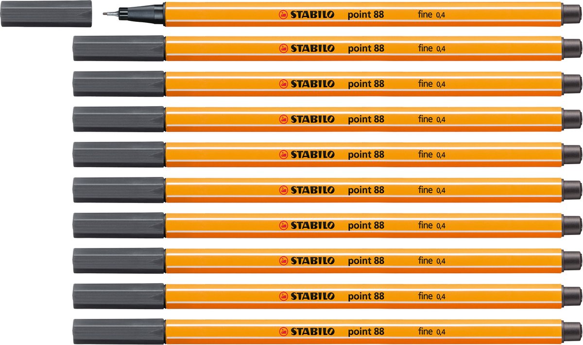 Stabilo point 88 - premium fineliner - fine 0,4 mm – diep koud grijs – doos 10 stuks