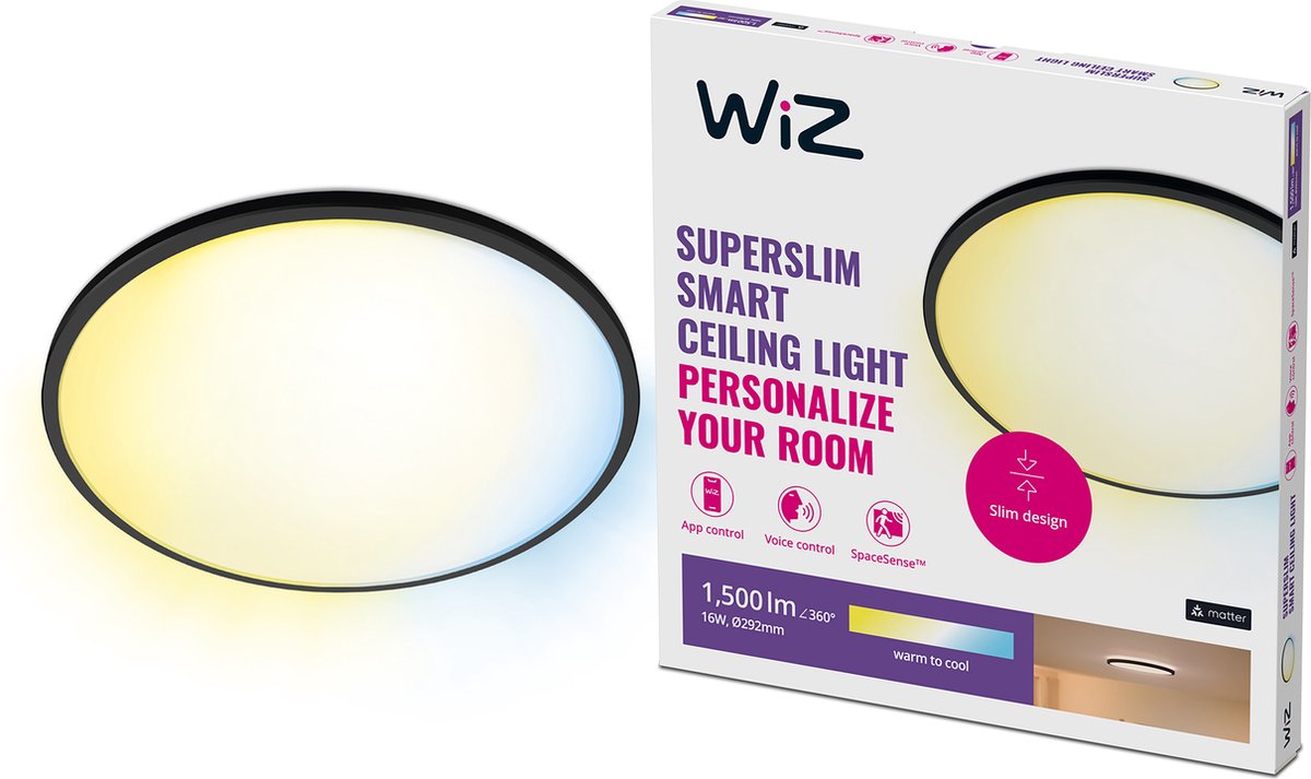 Wiz plafondlamp superslim - diameter: 30 cm - warm- tot koelwit licht - slimme led verlichting - geïntegreerde led - 16w - zwart - wi-fi