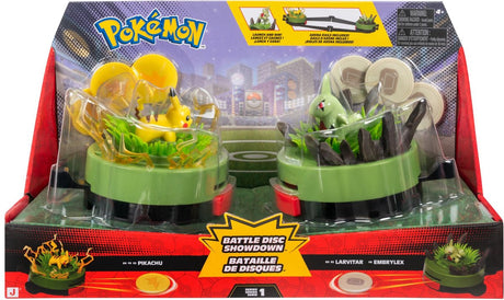 Jazwares pokémon battle disc showdown game - (pikachu #1 larvitar with electric base rock base - electric and rock discs - battle arena)
