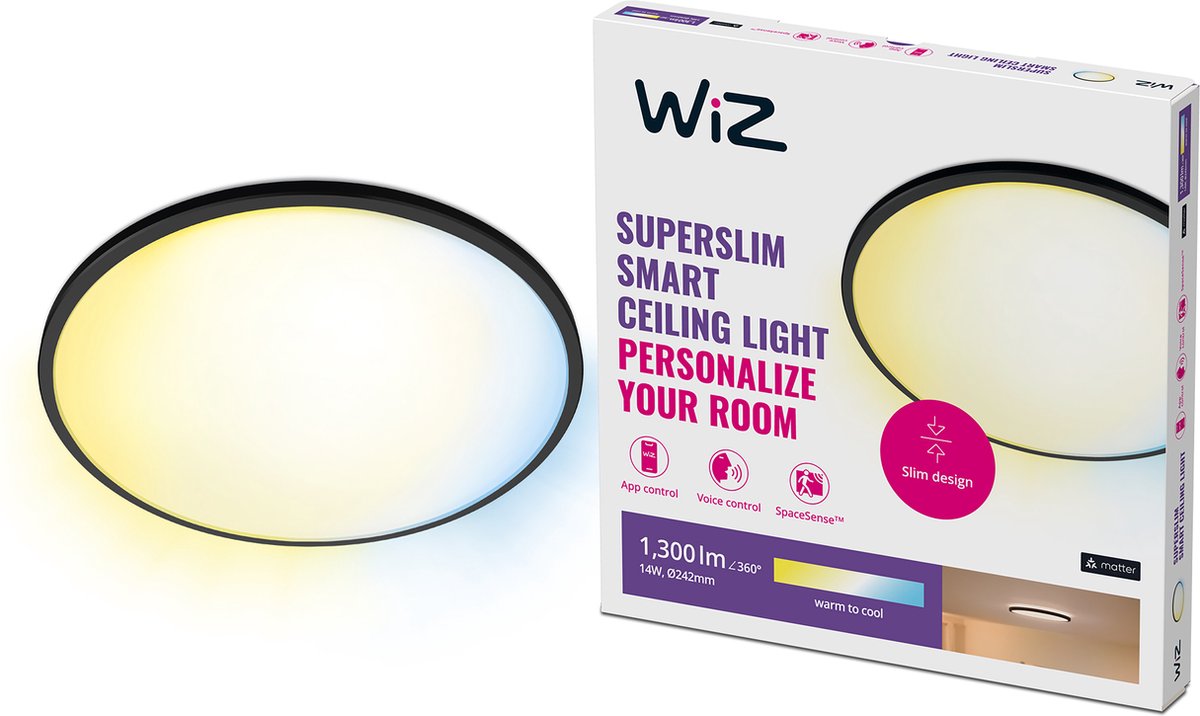 Wiz plafondlamp superslim - diameter: 25 cm - warm- tot koelwit licht - slimme led verlichting - geïntegreerde led - 14w - zwart - wi-fi