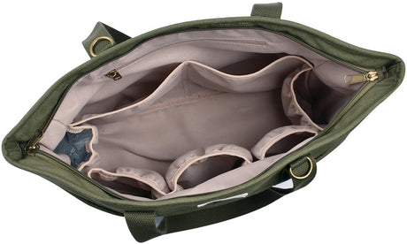 Béaba Madrid Wickeltasche 22 l – Stilltasche im Tragetaschenmodell mit 11 Fächern – inklusive gepolsterter Wickelunterlage und isothermischem Fach – PFAS-freier und wasserabweisender Stoff – Kinderwagenbefestigung – Flechten-Seegras-Khaki