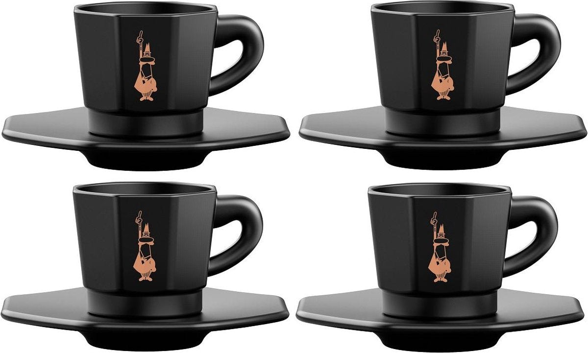 Achteckiges Espressotassen-Set von Bialetti – 4 Tassen mit Untertassen – 75 ml – mattschwarzes Porzellan mit goldfarbenen Details