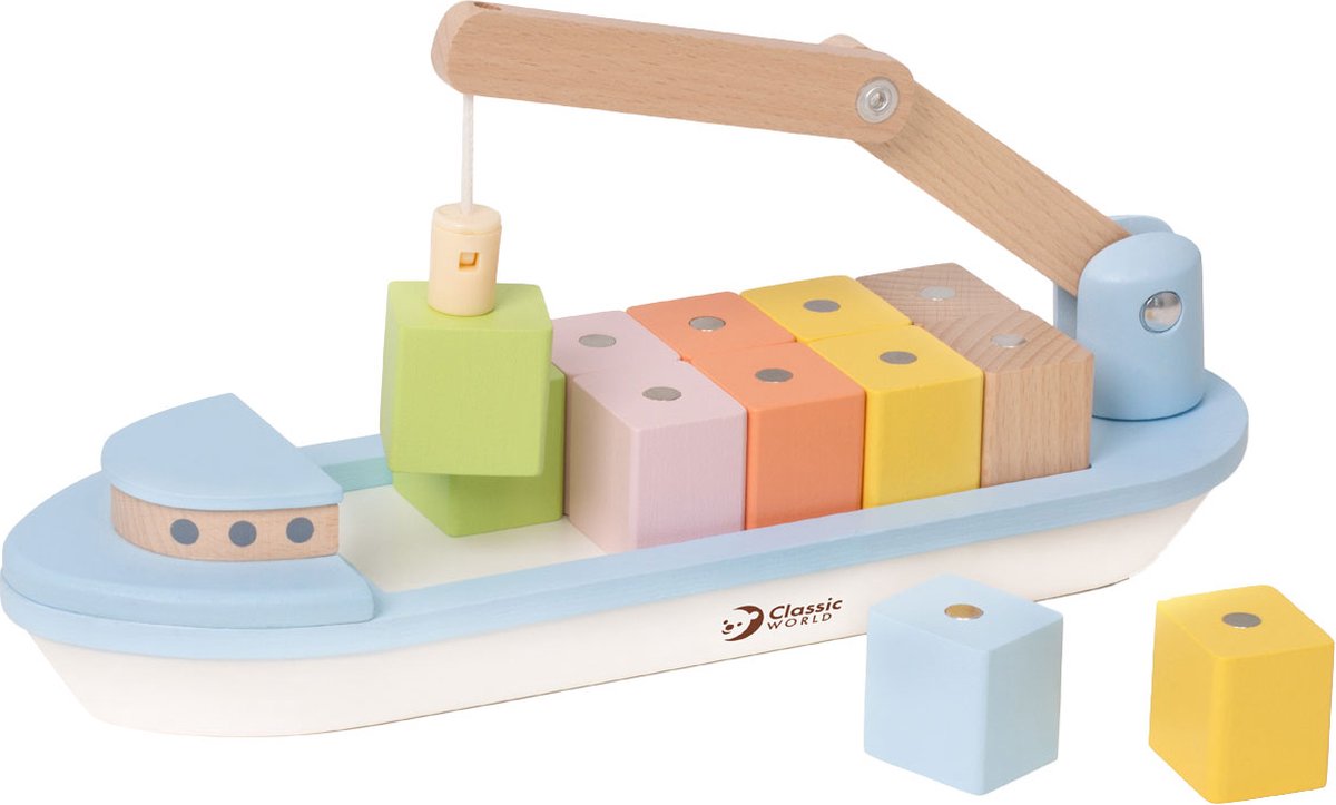 Classic World World Holzblockboot mit Kran, 13-tlg.